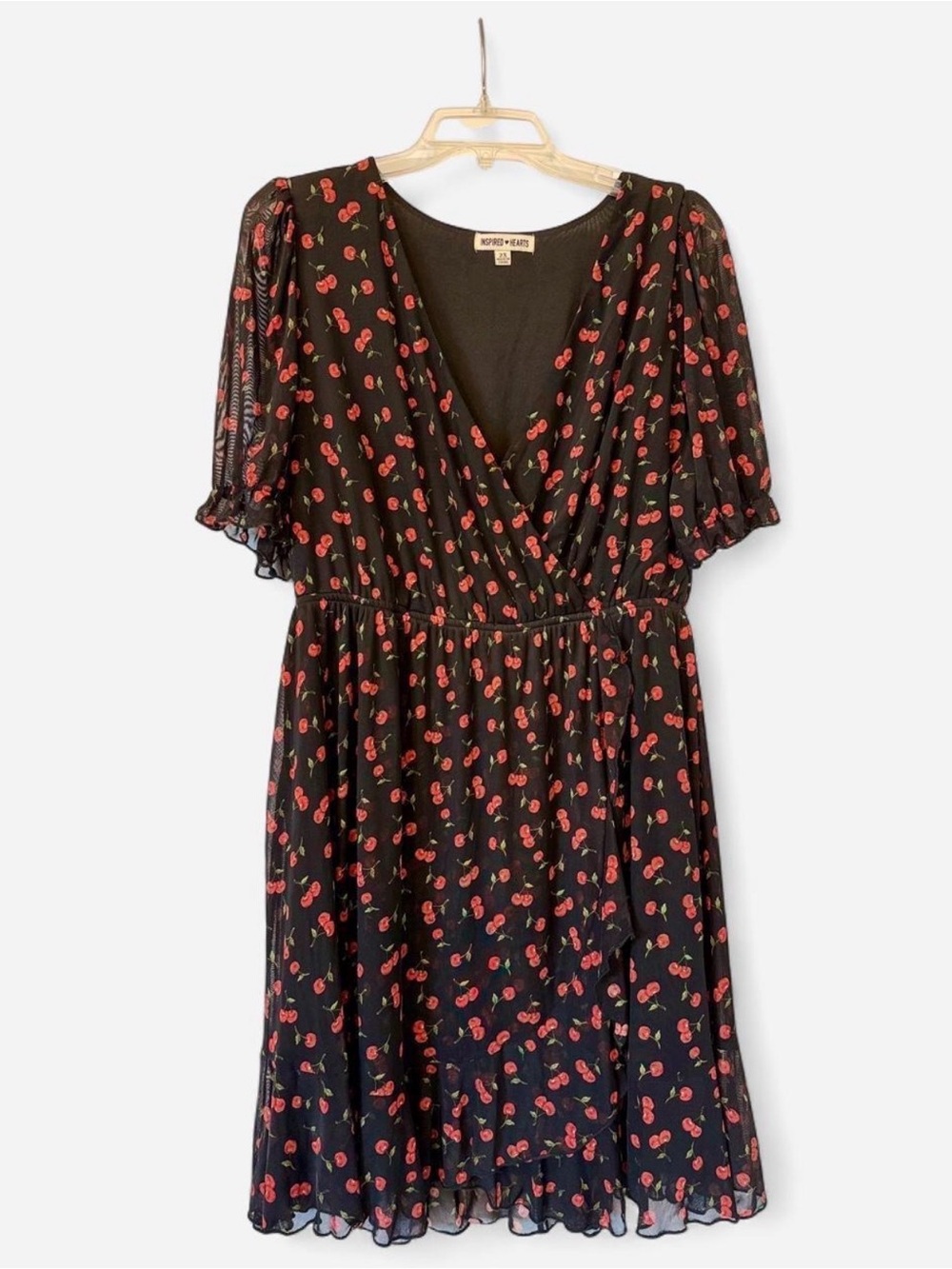 Inspired Hearts Black Cherry-Print Wrap Dress